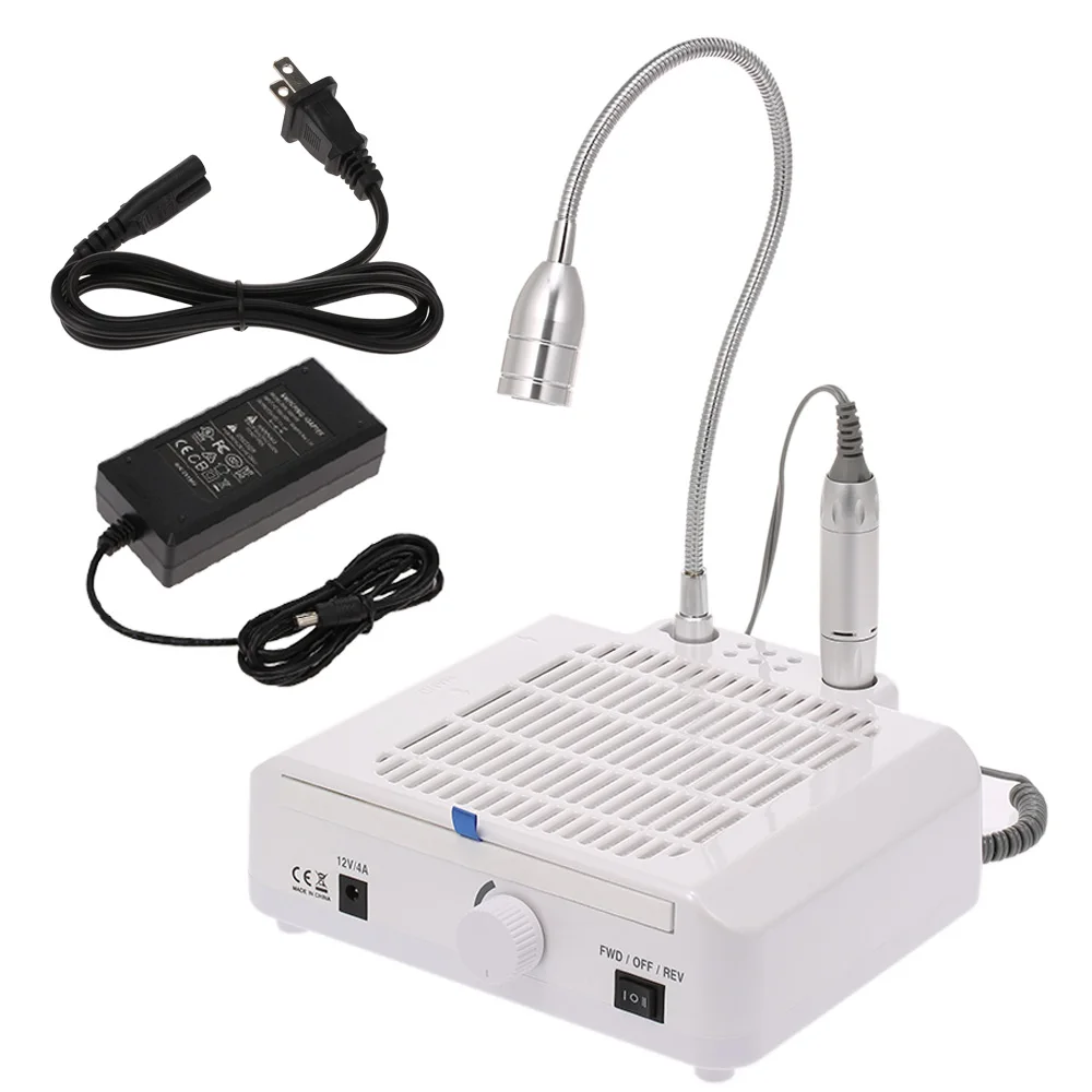 White US Plug 3-in-1 Multifunctional Salon Nail Art Machine 25000rpm Nail Dril Nail Dust Collector LED Desk Lamp with Nail Drill Bits Accessories - Цвет: White US Plug