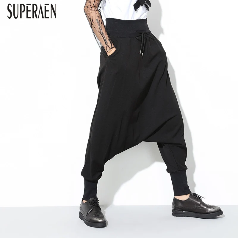 

SuperAen New Elastic Waist Drawstrings Women Long Pants Cotton Wild Casual Ladies Harem Pants Spring 2019 Pants Female