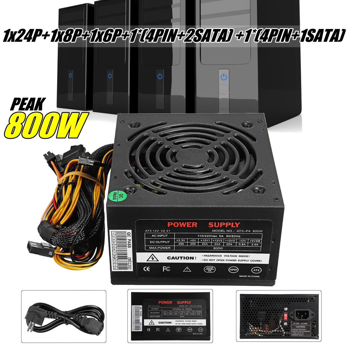 أسود ماكس 800 واط امدادات الطاقة PSU PFC مروحة كاتمة للصوت ATX 24 دبوس جهاز كمبيوتر شخصي SATA الألعاب PC امدادات الطاقة ل إنتل AMD الكمبيوتر