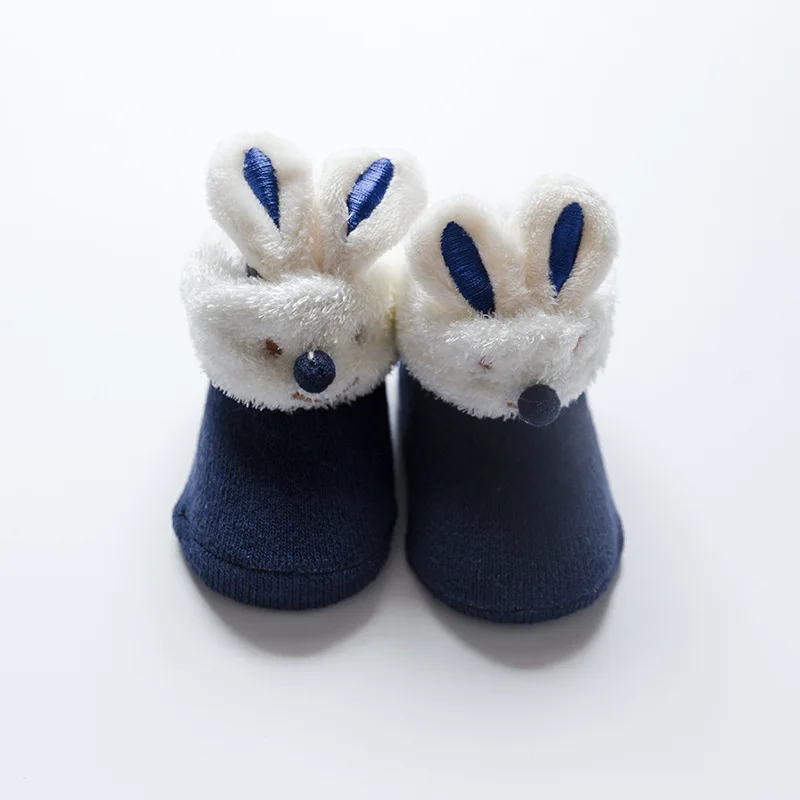 Противоскользящие носки с рисунком для новорожденных девочек и мальчиков 0-12 месяцев Детские носки для малышей, мягкие зимние носки с милым кроликом для малышей - Цвет: Dark Blue