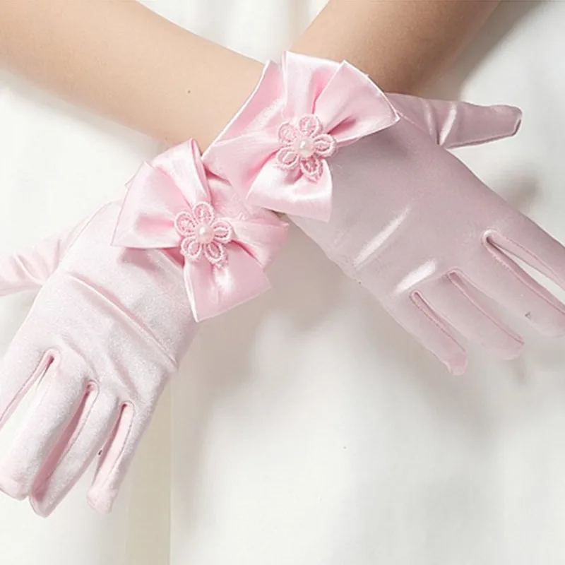 Детские пышные перчатки принцессы для дня рождения для маленьких девочек белые кружевные перчатки с бантом и цветами для свадьбы От 3 до 8 лет