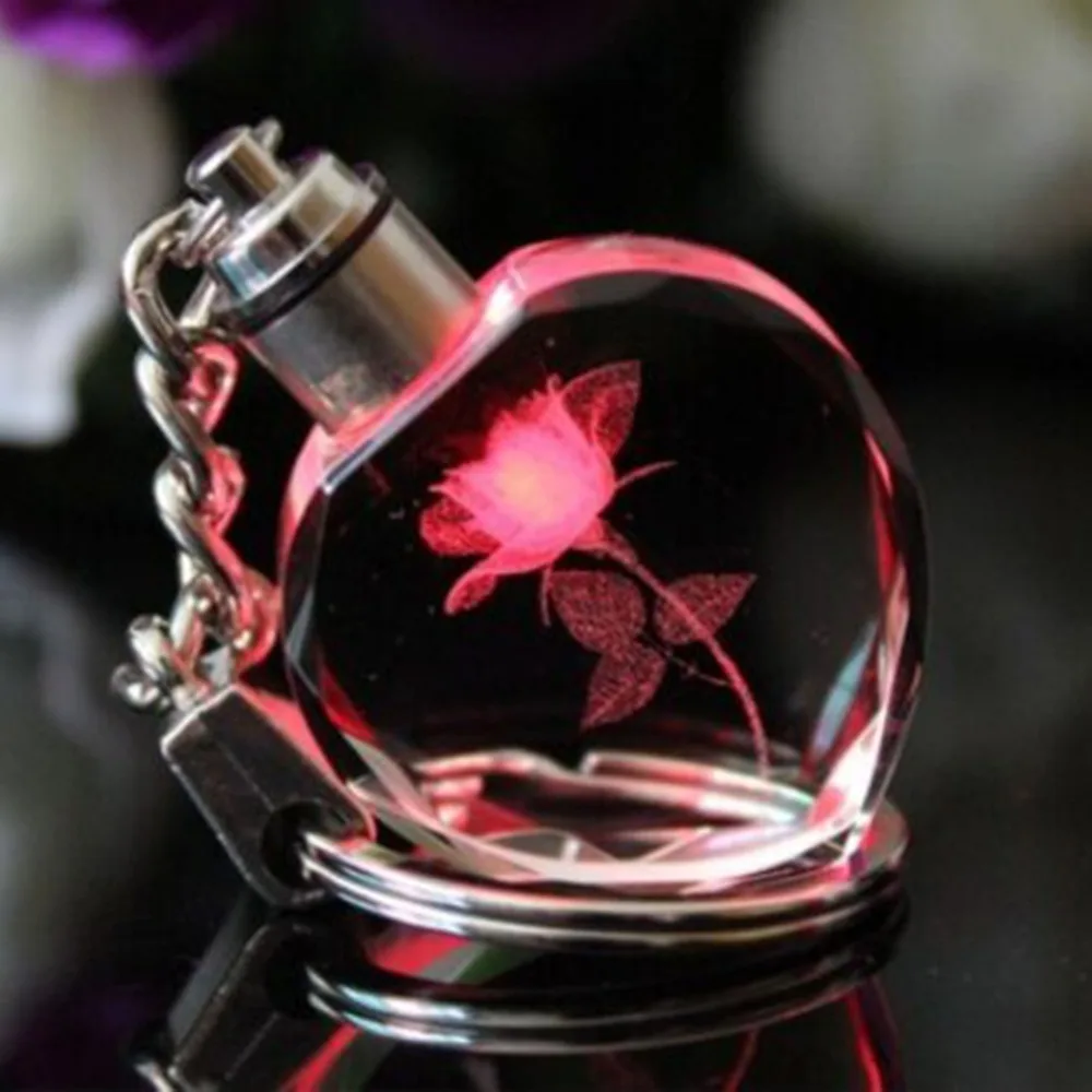 Rose Flower Led Light Keychain Luminous Crystal Keychains Glowing Crystal Rose Heart Trinket Key Chains Colorful Key Rings