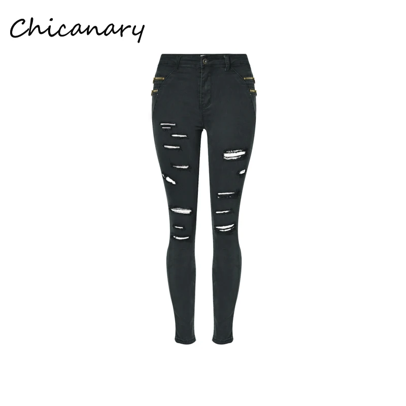 Chicanary Ripped Skinny Jeans Women Ankle length Denim Pants Black Zip Side Pencil Trousers