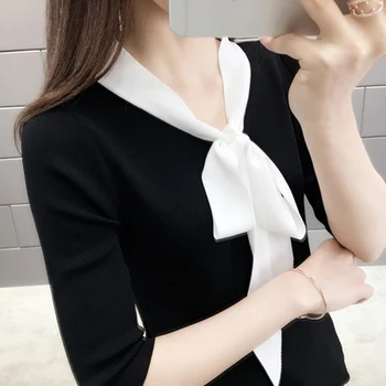 

New fashion 2019 spring and summer new bowknot five-point sleeve knit sweater