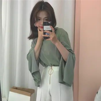 

2020 Summer New Arrival Korean Style Solid Color Split Flare Sleeve T-shirt Off The Shoulder Tops For Women Free Shipping