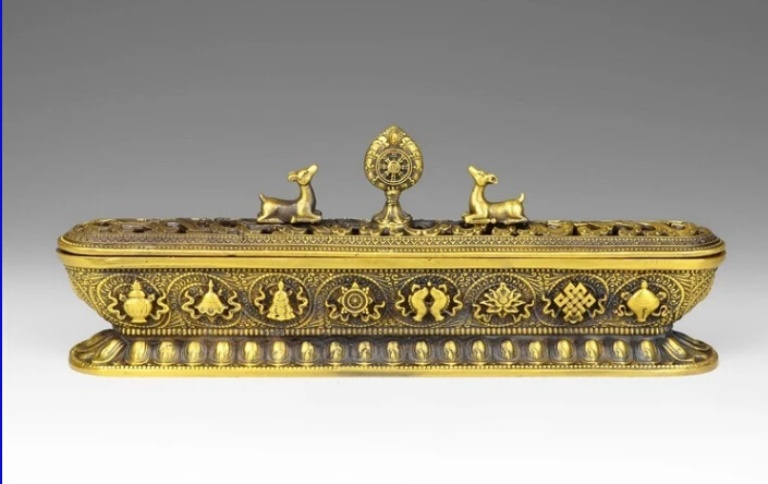 

4" China Buddhism Brass Copper Eight treasures Deer Palace Incense Burner Censer