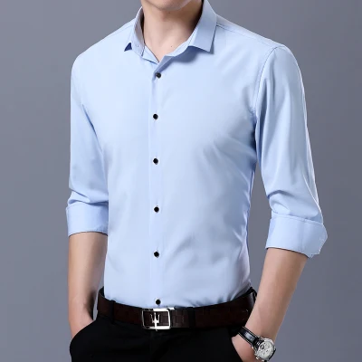 Light Blue Новые модные однотонные Для мужчин рубашка Демисезонный Повседневное Slim Fit рубашки Для мужчин Лидер продаж Корейская эластичная рубашка с длинными рукавами Для мужчин - Цвет: Light Blue