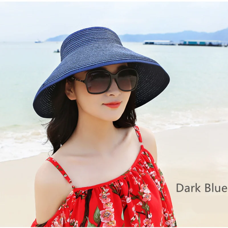 Новинка, весна-лето, соломенная шляпа, козырьки, складная Кепка с широкими полями, шляпа от солнца, пляжные шляпы для женщин, соломенная шляпа - Цвет: dark blue