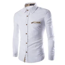 2017 Fashion men s white business shirt personality Leopard decoration man s long sleeved shirt Black