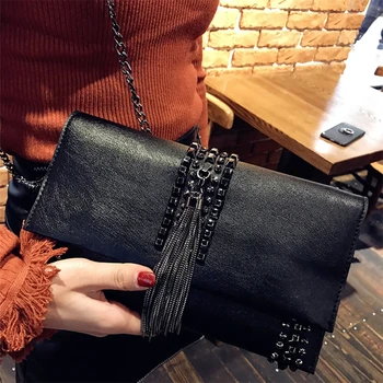 

Fashion Tassel Rivet Fold Envelope Clutch Purse Solid Color PU Leather Banquet Crossbody Messenger Shoulder Bags Women Wallet