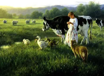 

Dream-art young shepherdess girl with sheep ducks cow dog #100% hand painted #Oil painting on Canvas #free shipping