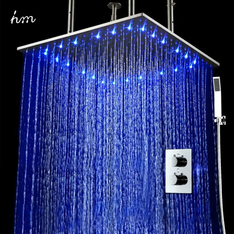 

hm Led Thermostatic Shower Set 20" Embedded Box Ceiling LED Shower Head Rainfall 3 Jets Concealed SUS304 Brushed Finished Panel
