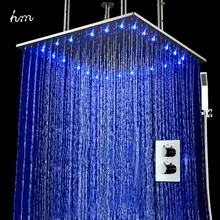hm Led Thermostatic Shower Set 20 Embedded Box Ceiling LED Shower Head Rainfall 3 Jets Concealed SUS304 Brushed Finished Panel hm 20 led shower head rainfall thermostatic shower set 6 massage body jets panel embedded ceiling 3 ways concealed