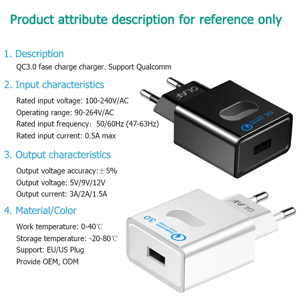 Olaf 18 Вт Quick Charge 3 0 Мобильный телефон зарядное устройство быстрое USB EU/US/AU настенный
