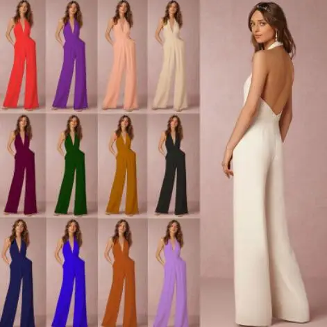 

Body Women Sexy Deep V Neck Overalls Halter Long Pants Jumpsuits Plus Size Elegant Body Feminino Largos Mujer Verano DC378