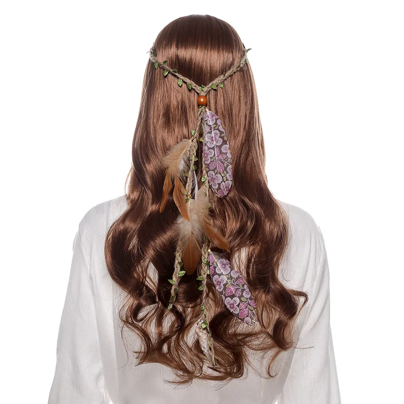 

AWAYTR New Festival Beads Feather Headband for Woman Boho Female Hair Accessories Elastic Feather Turban Ladies Adjust Hairband