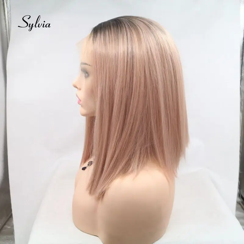 Sylvia термостойкие короткий Боб прямые волосы парики розовое золото розовый Ombre синтетические Синтетические волосы на кружеве парики темные