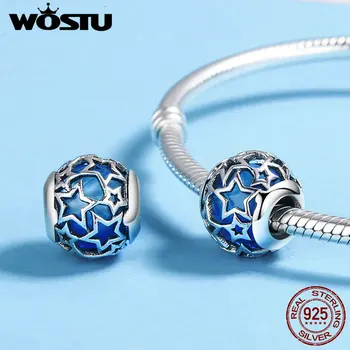 

WOSTU Genuine 925 Sterling Silver Blue Glass Beads Romantic Stars Charm for Women Bracelet Female Fine Jewelry Gifts BKC511