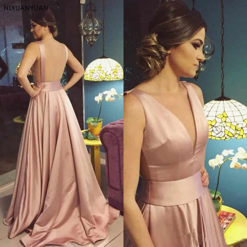 Blush Roze Lange Prom Jurken Formele Gelegenheid Jurken V-hals Backless Avondjurk A-lijn Meisjes Feestjurk Graduation Vestido Blush Roze Lange Prom Jurken Formele Gelegenheid Jurken V-hals Backless Avondjurk A-lijn Meisjes Feestjurk Graduation Vestido
