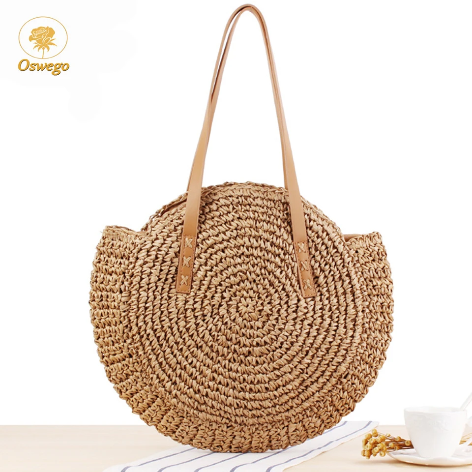 

Oswego Round Straw Bag New Big Simple Hand-Woven Shoulder Bag Rattan Woman Summer Beach Bag Travel Shopping Female Tote 2019