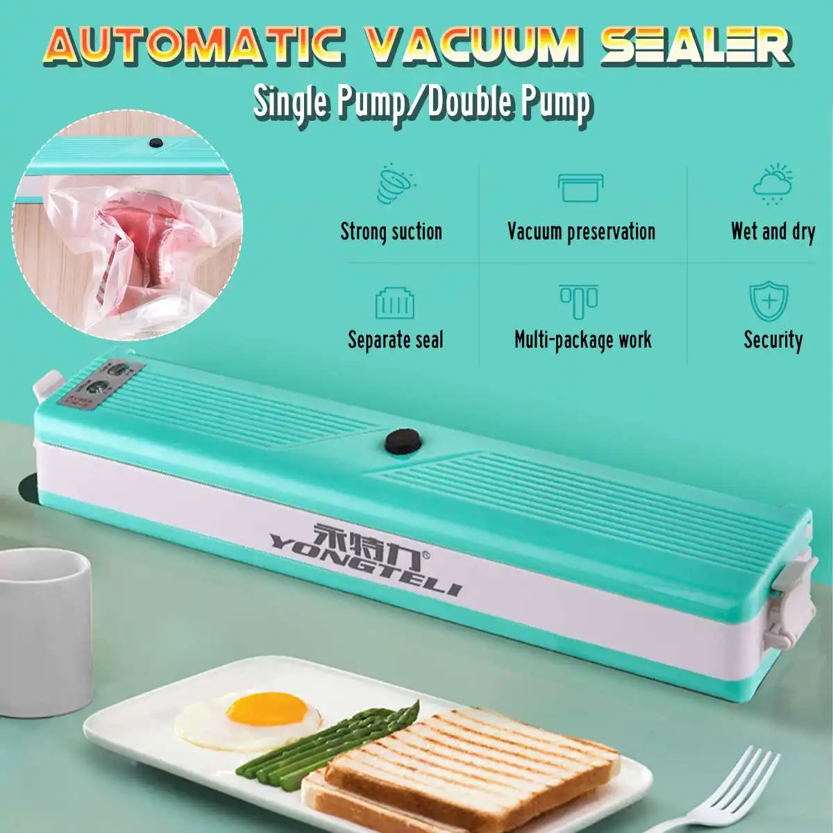 

100W 220V Automatic Double Pump Vacuum Sealer Machine Sous Vide Food Saver With 6 Bags 26x6.5x5cm Suction Sealing 295mm