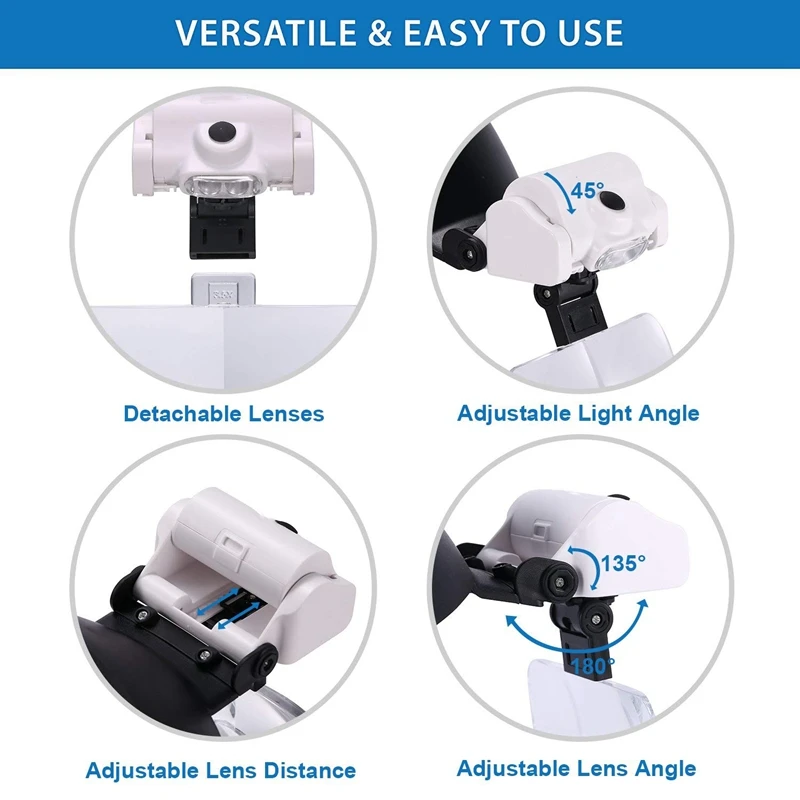 Горячая оголовье лупа с 2 светодиодными лампами и 5 съемными линзами 1X, 1.5X, 2X, 2.5X, 3.5X головы Изношенные освещенные увеличительные очки для