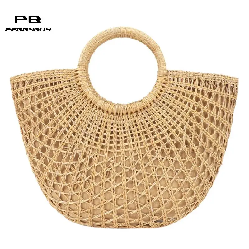 

Handmade Women Round Handle Straw Bags Shopper Summer Beach Bag Rattan Woven Bohemia Handbags Small Wristlets Totes Clutch Bag