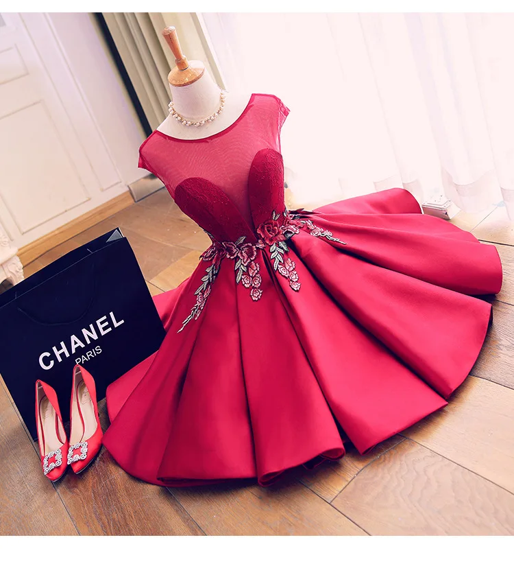 

Satin Prom Dress Short Red Wedding Party Dress Junior High Graduation Dresses Knee Length Evening Dresses 2019 Custom Made