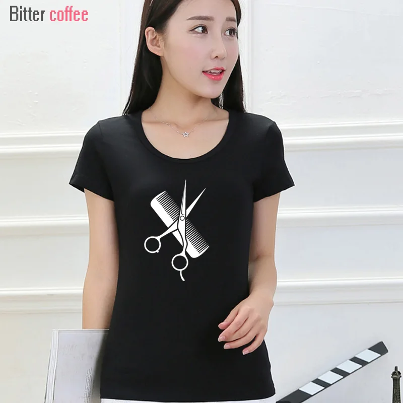 

Summer Hip-Hop Simple Splicing Tee Tops Shirt Short Sleeve Women Gift Hairdresser Stylist Scissors Comb O-Neck Shirts
