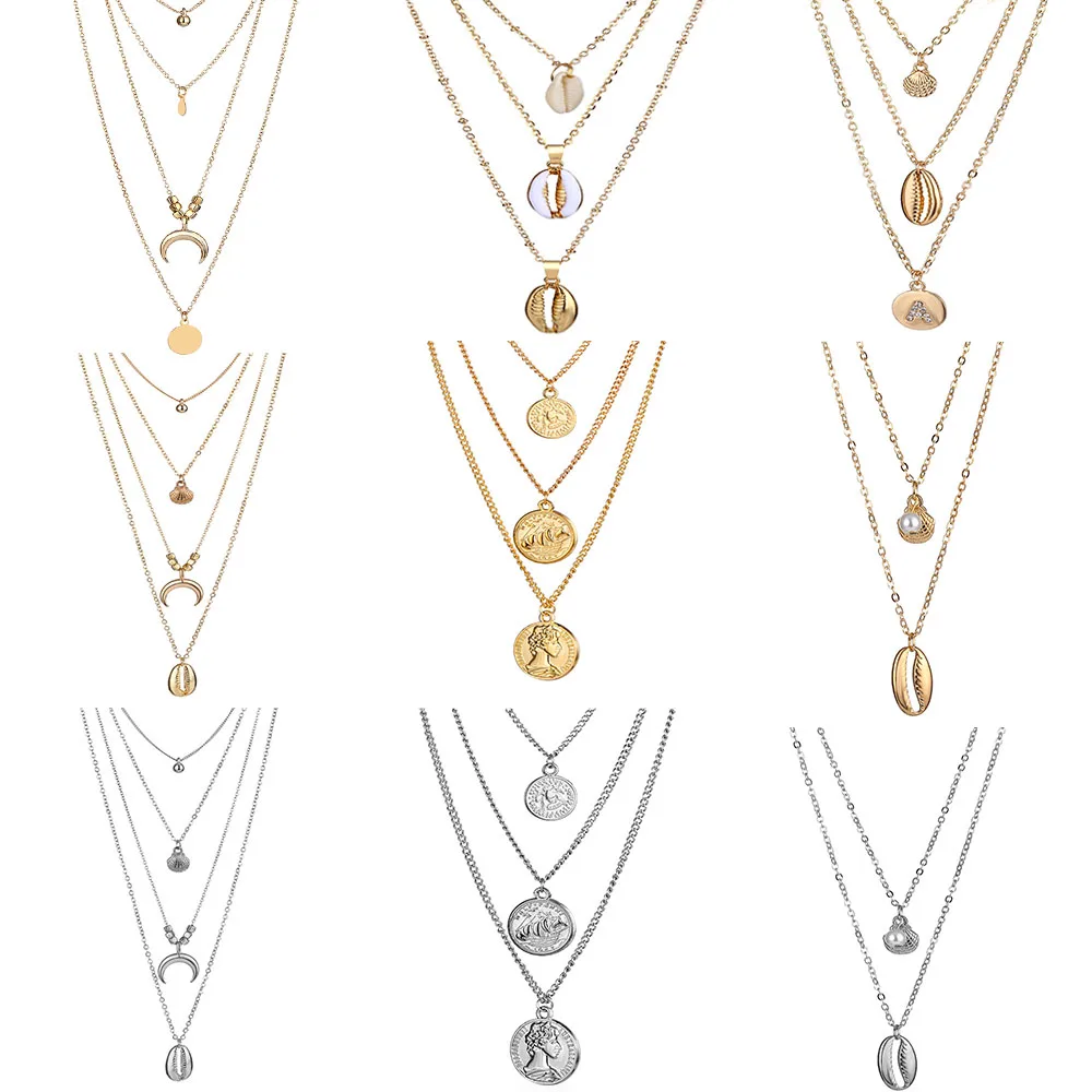 

New 16 Design Bohemian Moon Shell Map Beads Multi layer Necklaces 2019 For Women Gold Sliver Necklaces & Pendants Ocean Jewelry