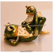 Великолепная миниатюрная шкатулка с 2 лягушками, ювелирная шкатулка с инкрустированным кристаллом, коробка для таблеток, фигурка зеленых лягушек, шкатулка для украшений