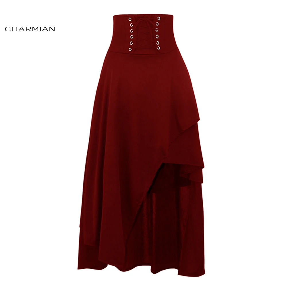 Charmian Женская Черная стимпанк длинная юбка на шнуровке Высокая талия Средневековый Ренессанс Асимметричная юбка с молнией Saias - Цвет: Wine Red