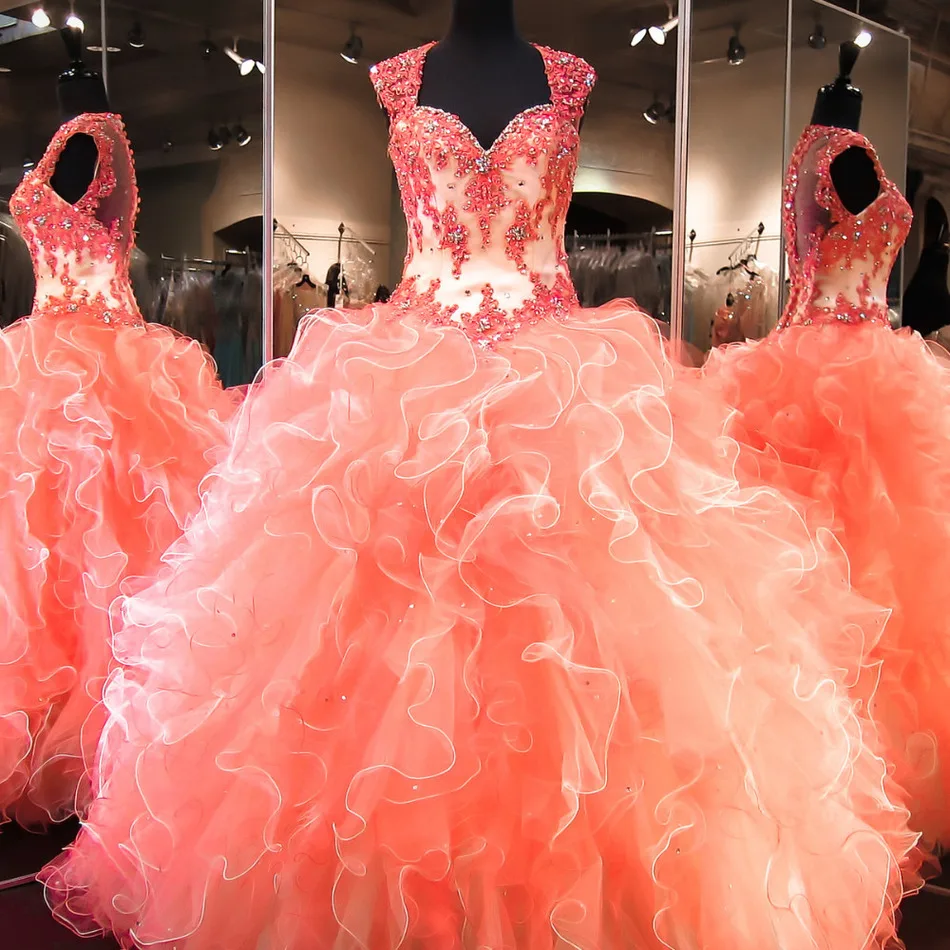 Коралловые пышные платья 2018 Vestidos De 15 Anos бальное платье с бусинами и рюшами из