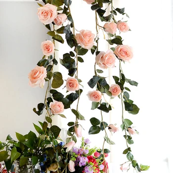 

180cm Artificial Rose Flower Ivy Vine Wedding Decor Real Touch Silk Flowers String With Leaves for Home Hanging Garland Decor