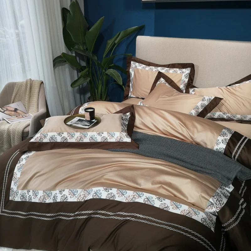 Домашние постельные принадлежности, коричневый Египетский хлопок, мягкий пододеяльник, вышивка, Комплект постельного белья, наволочка, размер King queen, размер 4 шт