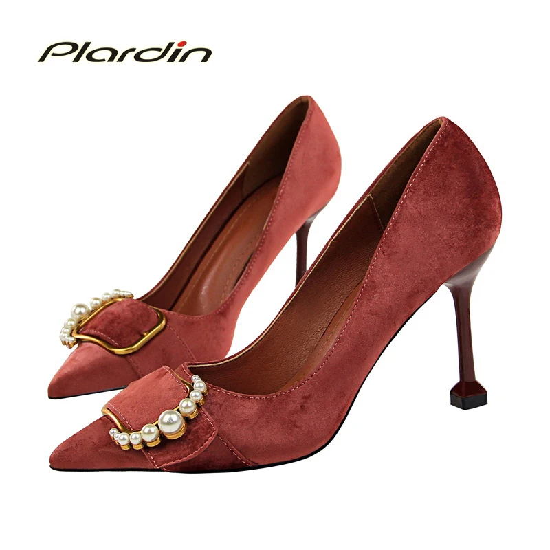 

Plardin Shoes Woman Concise Fashion Pearl Metal Decoration Hoof Heel Shoes Suede Material Women Pumps women shoes high heel