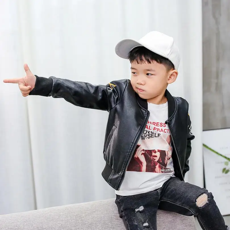 

Children's PU Leather Jacket Baby Boys Clothes Spring New Letter Print Leather Coats Long Sleeve Casual Outwear Kids Coats Y381