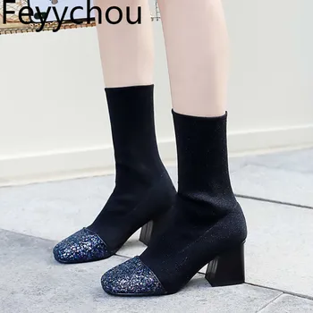 

Women Boots Autumn Winter High Heel Warm High Stretch Knitting Yarn Square Toe Mid-Calf Slip on 2018Sexy Fashion Black Size34-43