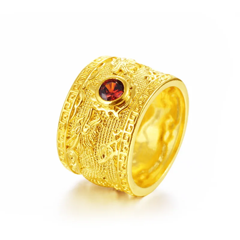 

Vietnam Alluvial Gold Multi-size Rings Concise Fashion Big Red Crystal Plated Double Dragon Open Rings Jewelry For Men