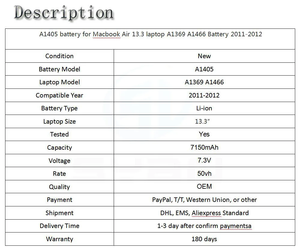 A1405 Батарея для Macbook Air 13,3 ''ноутбук A1369 A1466 Батарея MC504 MC504 MC965 MC966 MD231 MD232 2011-2012 год