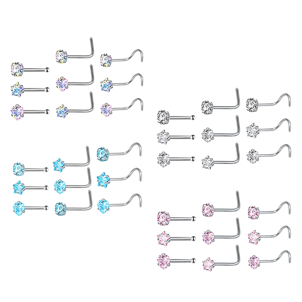 MagiDeal 9 Pieces Stainless Steel Zircon Crystal Screw Curved Nose Ring Studs Ear Body Piercing Jewelry 20G