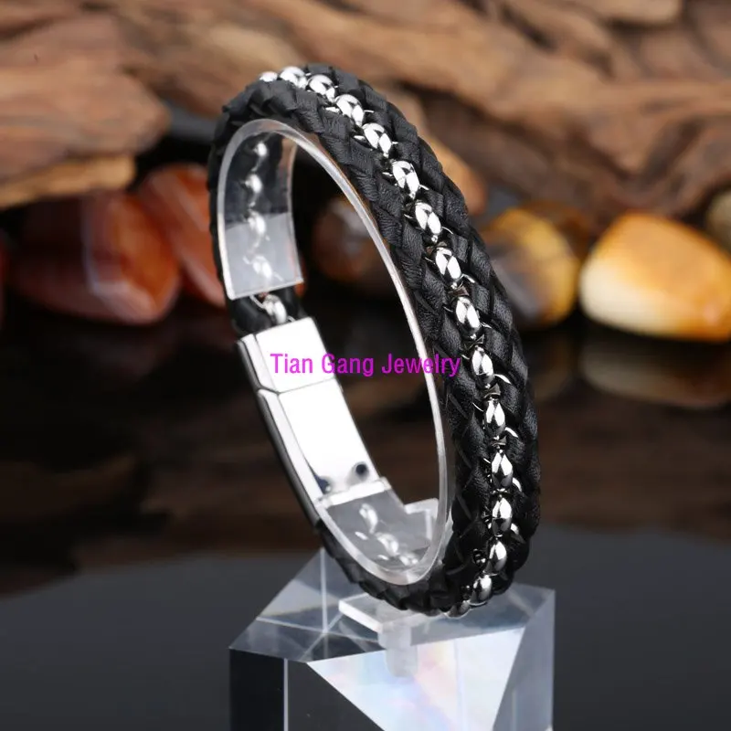 2015 Fashion New Black Genuine Leather font b Bracelet b font font b Gold b font