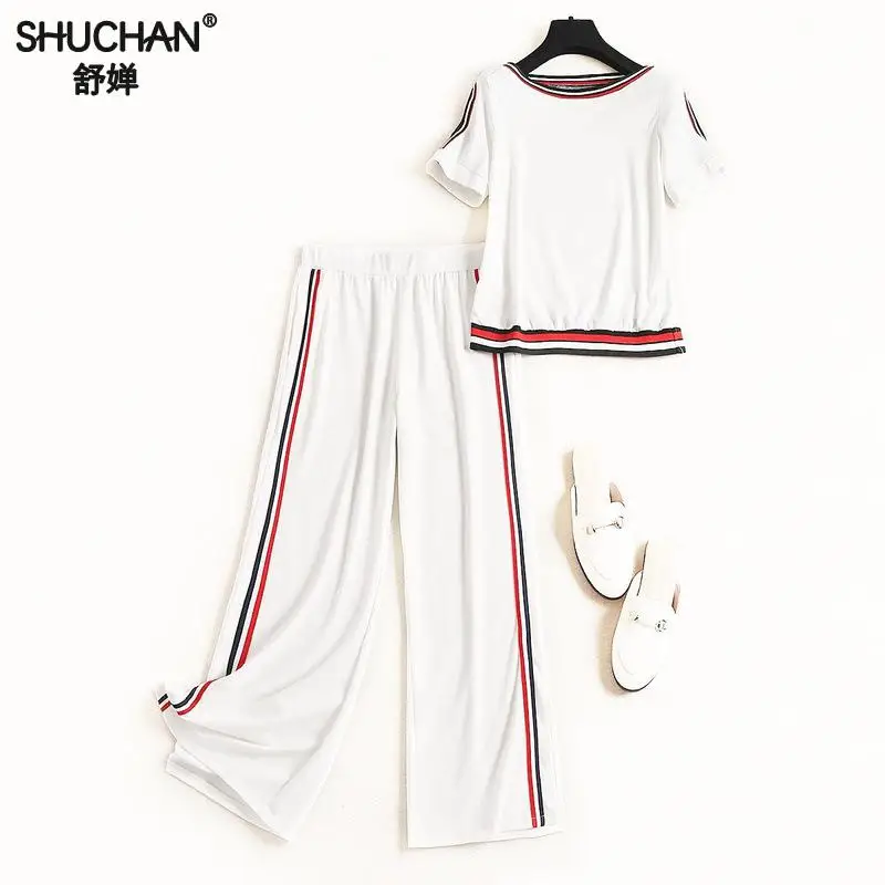 Shuchan 2019 летние женские спортивные костюмы Топы с коротким рукавом + укороченные брюки с эластичной резинкой на талии повседневные Conjunto Feminino