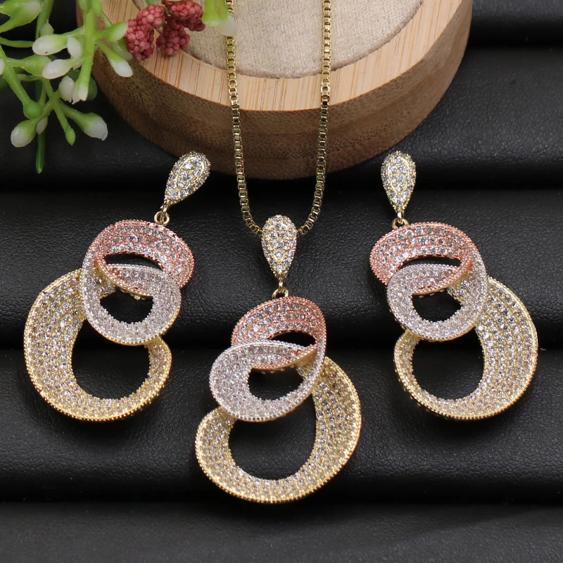 

LanRuiSha Jewelry Set Astract Spring Shape Cubic Zircon Full Micro Paved Necklace with Earrings for Anniversary Luxury Best Gift