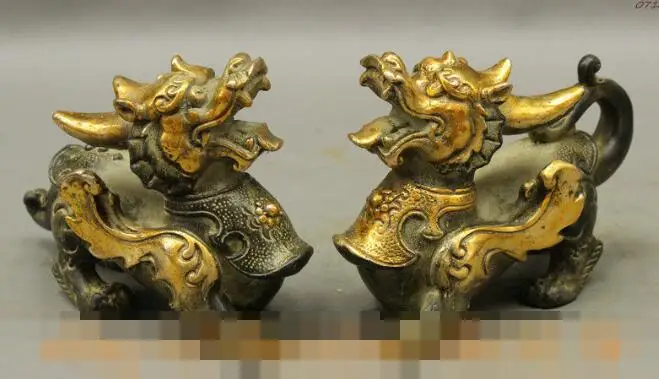 

S06397 FengShui Chinese Bronze Gilt Myth Animals Lucky Wealth Beast PiXiu Statue Pair
