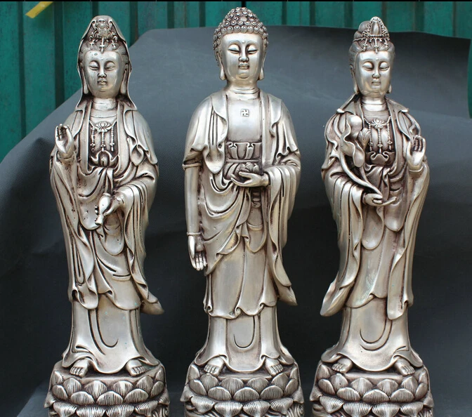 

JP S62 17" Tibet Silver Stand Shakyamuni Amitabha Kwan-yin Guan Yin Goddess Statue Set