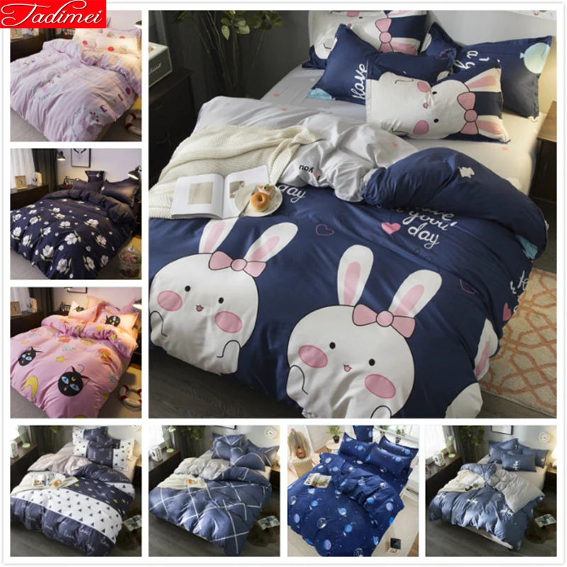 Cute Animal Rabbit Pattern Duvet Cover 3/4 pcs Bedding Set Adult kids Child Bed Linen Single Full Double Queen King Size 180x220 | Дом и сад