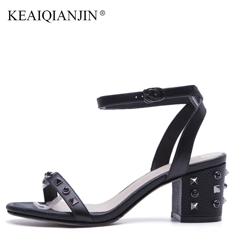 

KEAIQIANJIN Woman High Heels Rivet Sandals Fashion Black Open Toe Shoes Sexy Genuine Leather Summer Peep Toe Crystal Sandals