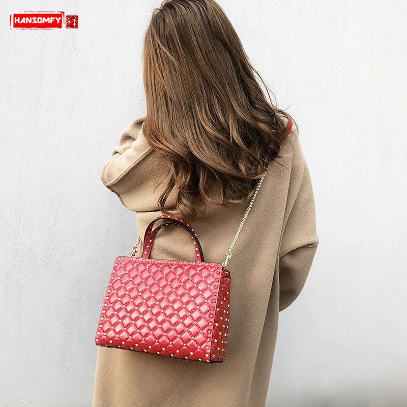 

2019 sheepskin leather Women handbag female new fashion portable rivet rhombic chain shoulder bag large capacity Messenger bags