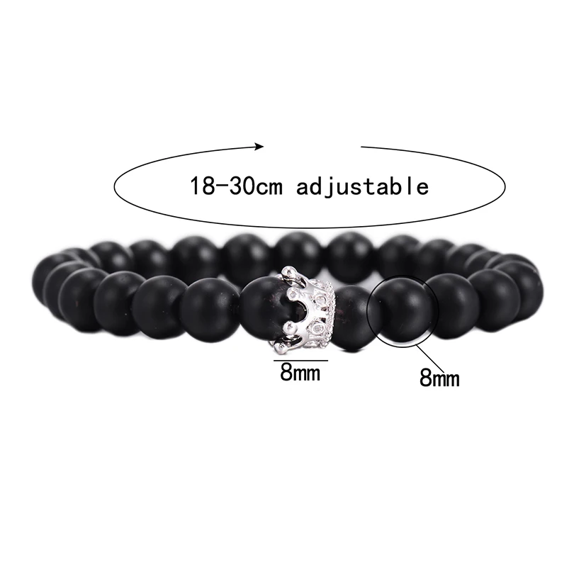 Simple Black White Stone Beads with Silver Color Alloy Crown Bracelet For Women Men Couple Bracelets Bangles Jewelry Lover Gift